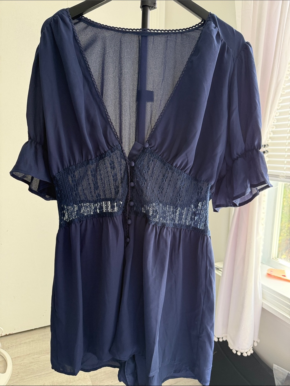 Navy Lace-Trim Romper Jumpsuit - Women's Navy